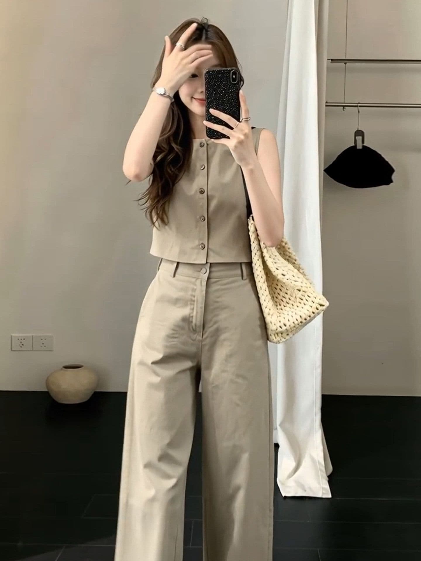 자이언트 잘 생긴 ootd 착용 가져 가라. 전체 집합 여름 새로운 민소매 맨위 캐주얼 루즈핏 와이드 팬츠 투피스 슈트 여성 이미지 4