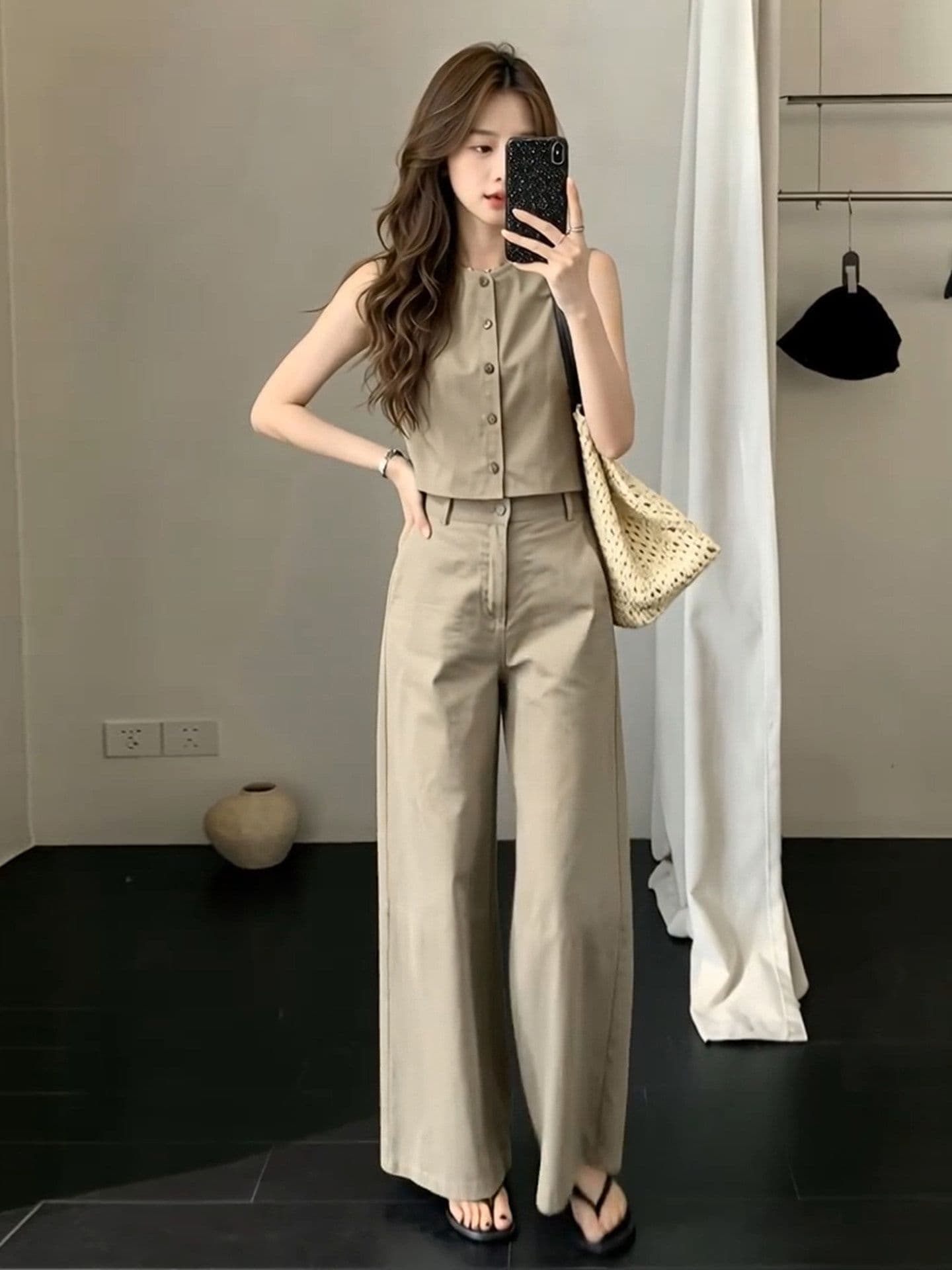 자이언트 잘 생긴 ootd 착용 가져 가라. 전체 집합 여름 새로운 민소매 맨위 캐주얼 루즈핏 와이드 팬츠 투피스 슈트 여성
