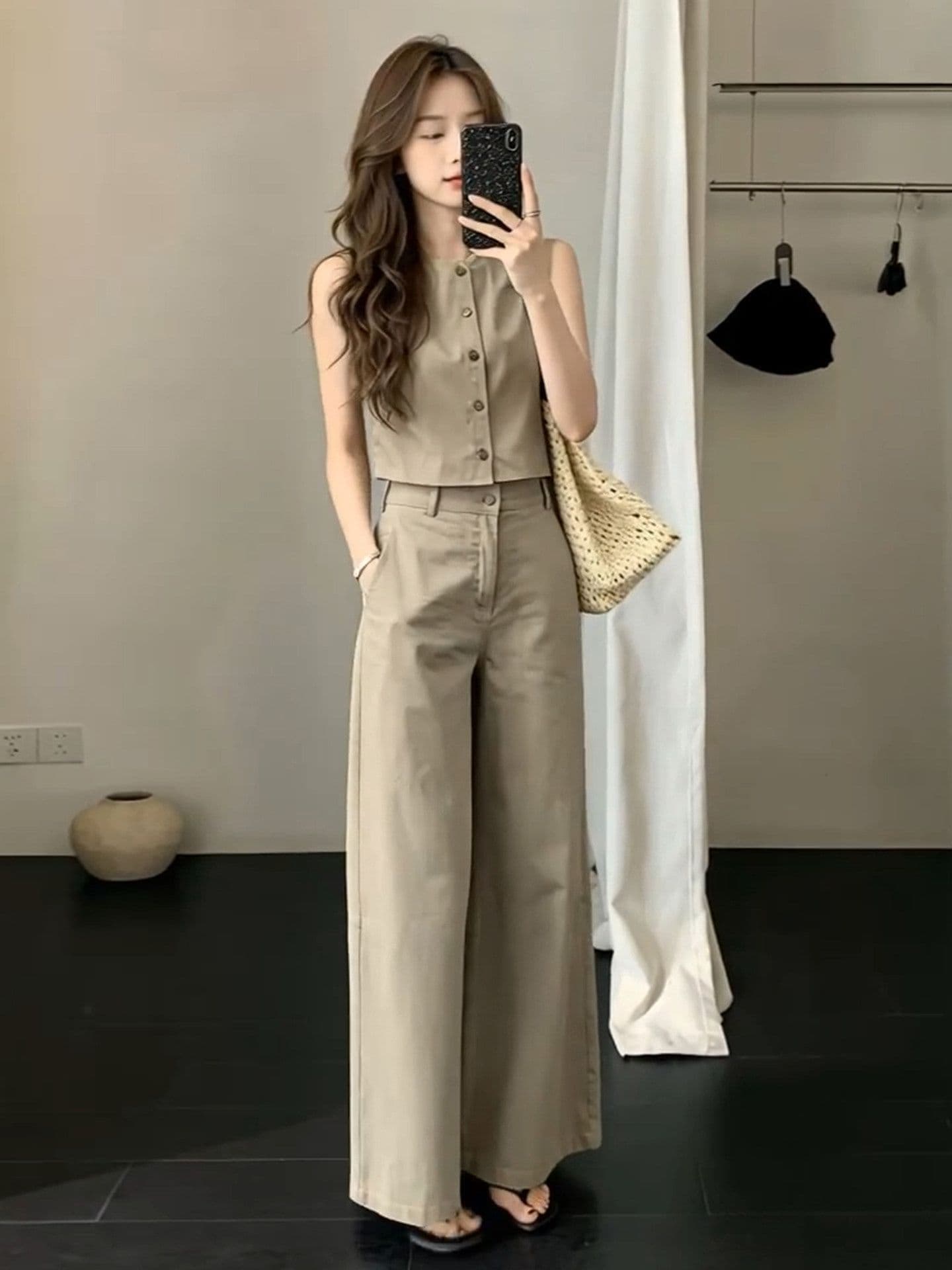 자이언트 잘 생긴 ootd 착용 가져 가라. 전체 집합 여름 새로운 민소매 맨위 캐주얼 루즈핏 와이드 팬츠 투피스 슈트 여성 이미지 2