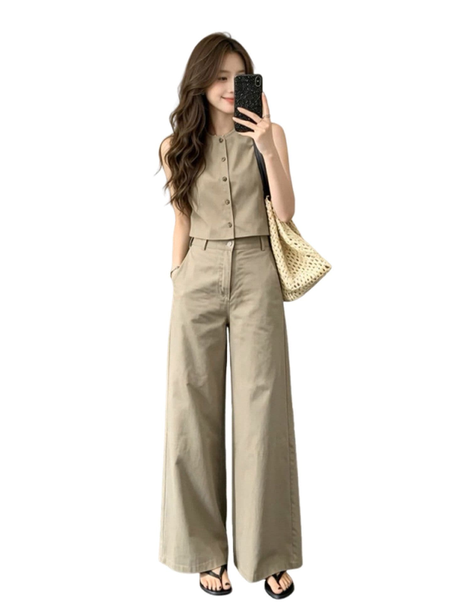 자이언트 잘 생긴 ootd 착용 가져 가라. 전체 집합 여름 새로운 민소매 맨위 캐주얼 루즈핏 와이드 팬츠 투피스 슈트 여성 상세 이미지 5