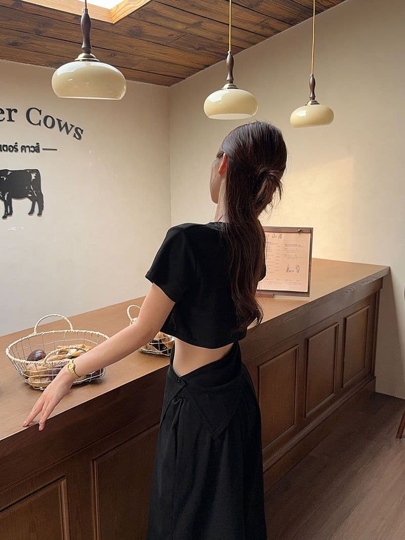 회색 세트 이슬 허리 반팔 티셔츠 여성 여름 작은 대중 디자인 센스 캐주얼 바지 와이드 레그 팬츠 달콤한 차가운 투피스 세트 트렌디 상세 이미지 10