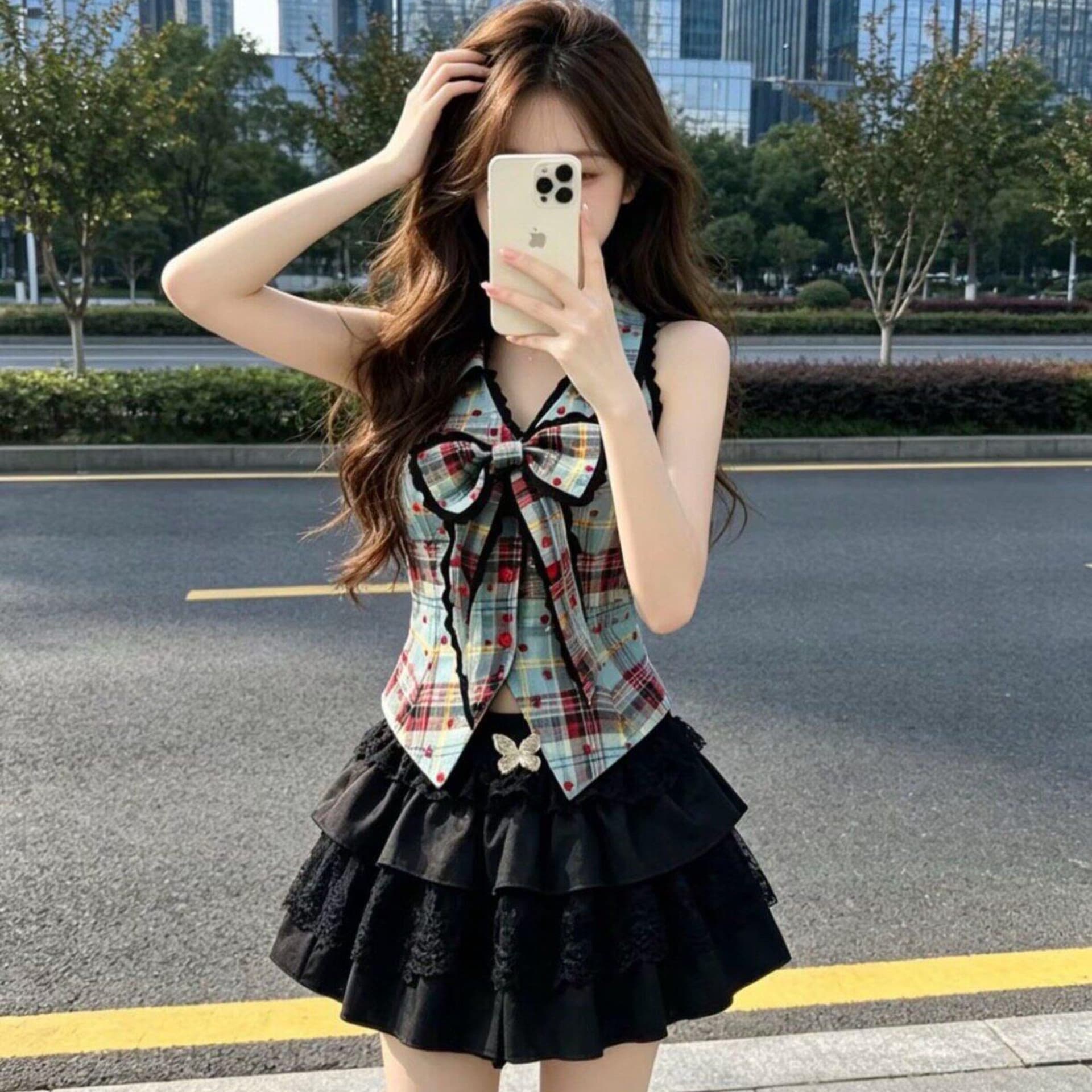 프랑스식 순수한 욕망 나비 매듭 체크무늬 맨위 케이크 드레스 두 조각 여성 세트 여름 작은 키 슬림해 보이는 디자인 센스 세트 이미지 5
