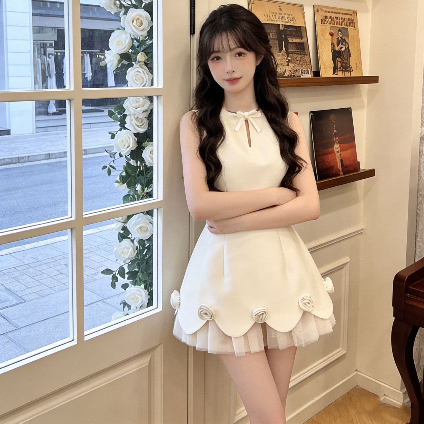 천 금빛 바람 단색 나비 매듭 망사 패치워크 3 차원 꽃 여성 드레스 여름 고급 센스 허리 수축 품격 미니 스커트 이미지 4