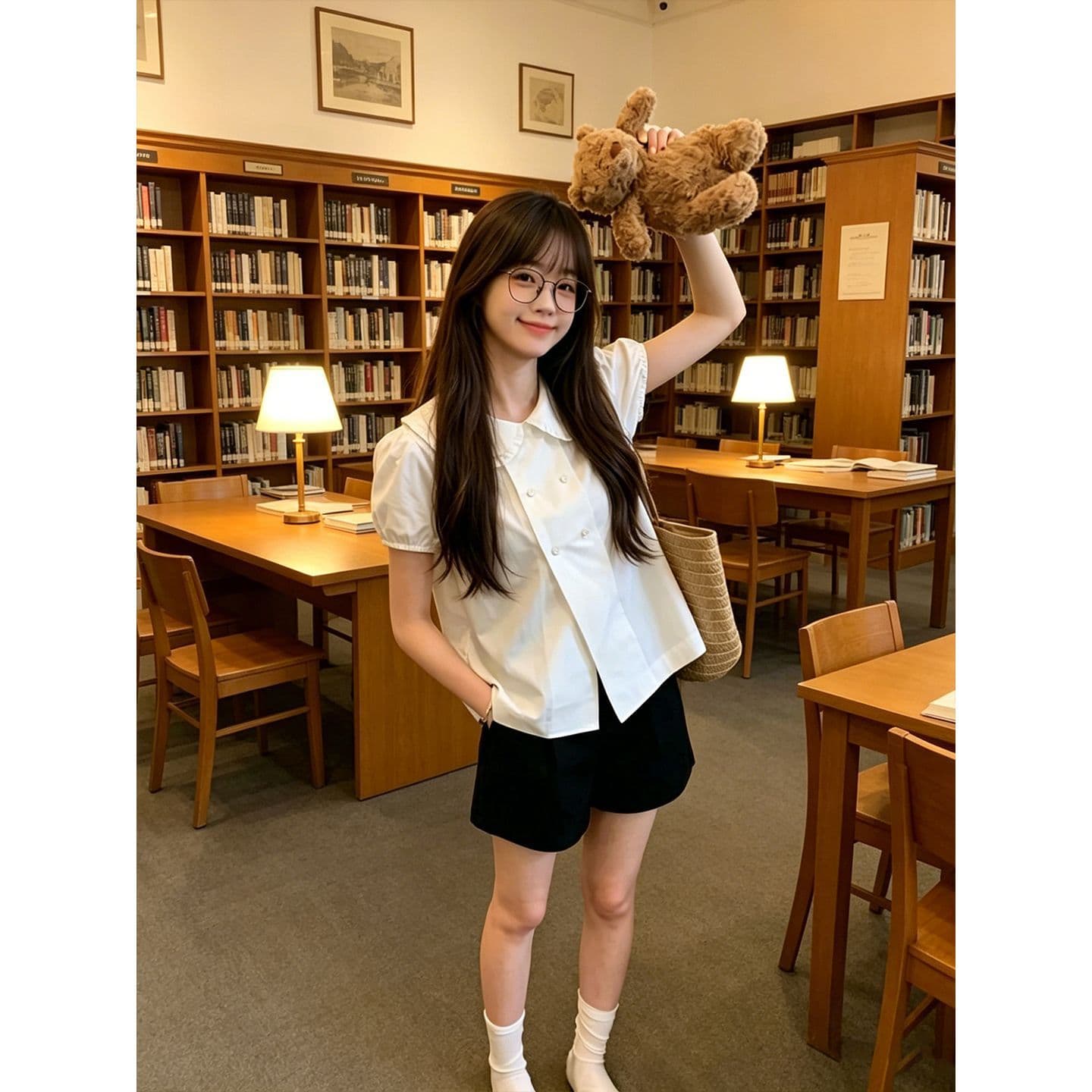 화이트 베이비 칼라 이중 버튼 반팔 셔츠 여자 여름 새로운 디자인 센스 거품 소매 쇼트 스타일 셔츠 맨위 이미지 2