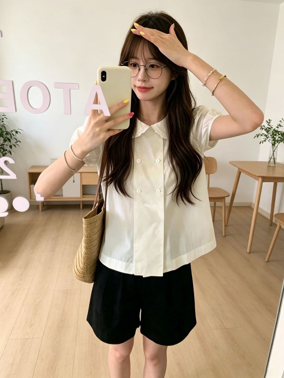화이트 베이비 칼라 이중 버튼 반팔 셔츠 여자 여름 새로운 디자인 센스 거품 소매 쇼트 스타일 셔츠 맨위 상세 이미지 3