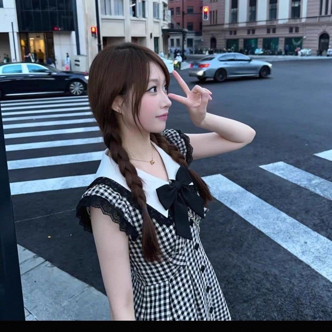 흑인과 백인 체크무늬 Feifei 소매 학원 스타일 여성 드레스 여름 레이스 조각 루즈핏 슬림해 보이는 A라인 스커트 짧은 치마 이미지 3