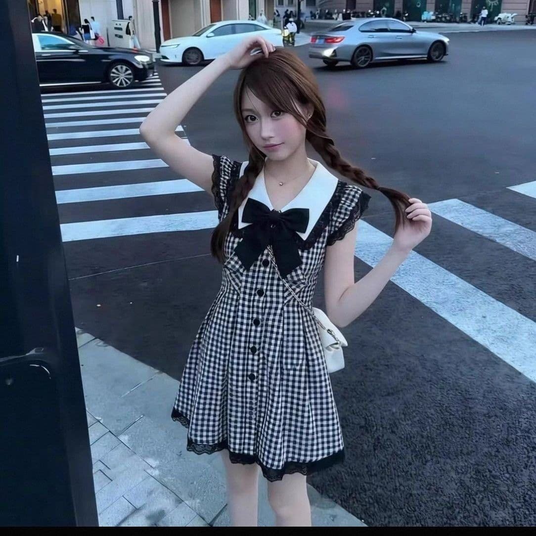 흑인과 백인 체크무늬 Feifei 소매 학원 스타일 여성 드레스 여름 레이스 조각 루즈핏 슬림해 보이는 A라인 스커트 짧은 치마 상세 이미지 2