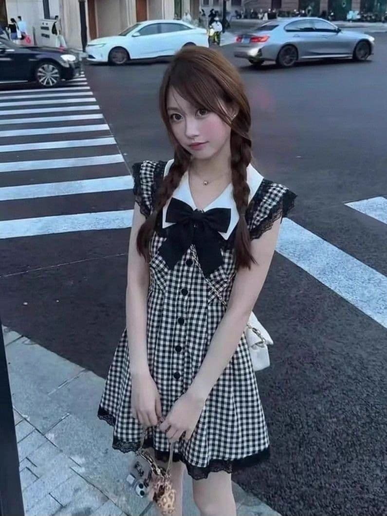 흑인과 백인 체크무늬 Feifei 소매 학원 스타일 여성 드레스 여름 레이스 조각 루즈핏 슬림해 보이는 A라인 스커트 짧은 치마 상세 이미지 8