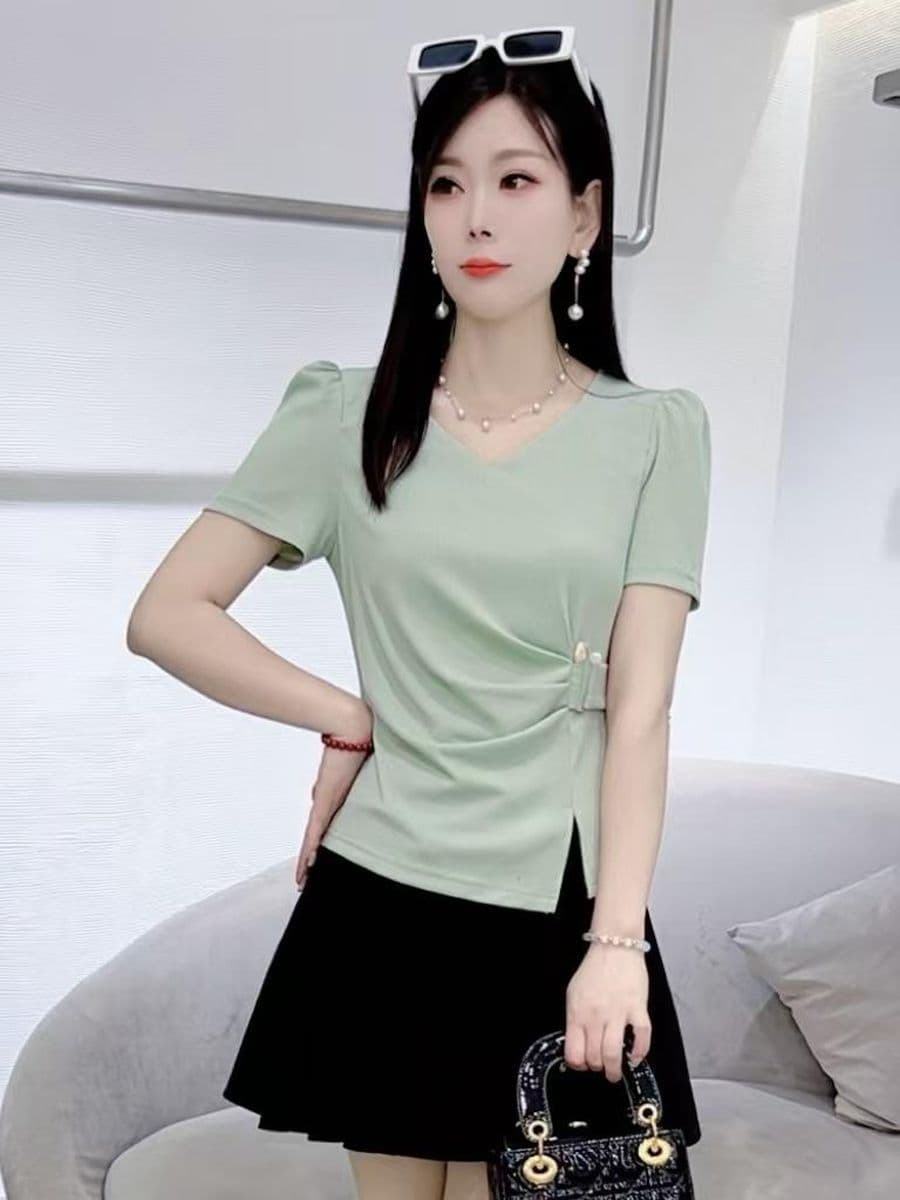 40 92 면 반팔 티셔츠 여름 새로운 패션 품격 허리 수축 슬림해 보이는 다용도 연령 감소 작은 키 맨위 이미지 4