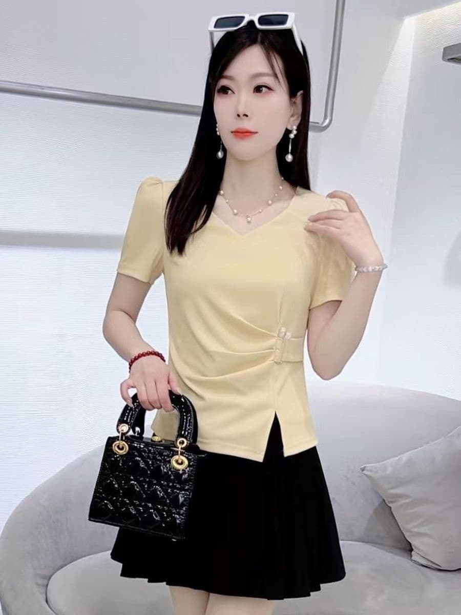 40 92 면 반팔 티셔츠 여름 새로운 패션 품격 허리 수축 슬림해 보이는 다용도 연령 감소 작은 키 맨위