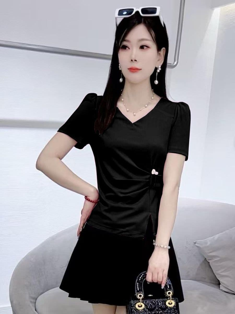 40 92 면 반팔 티셔츠 여름 새로운 패션 품격 허리 수축 슬림해 보이는 다용도 연령 감소 작은 키 맨위 이미지 3