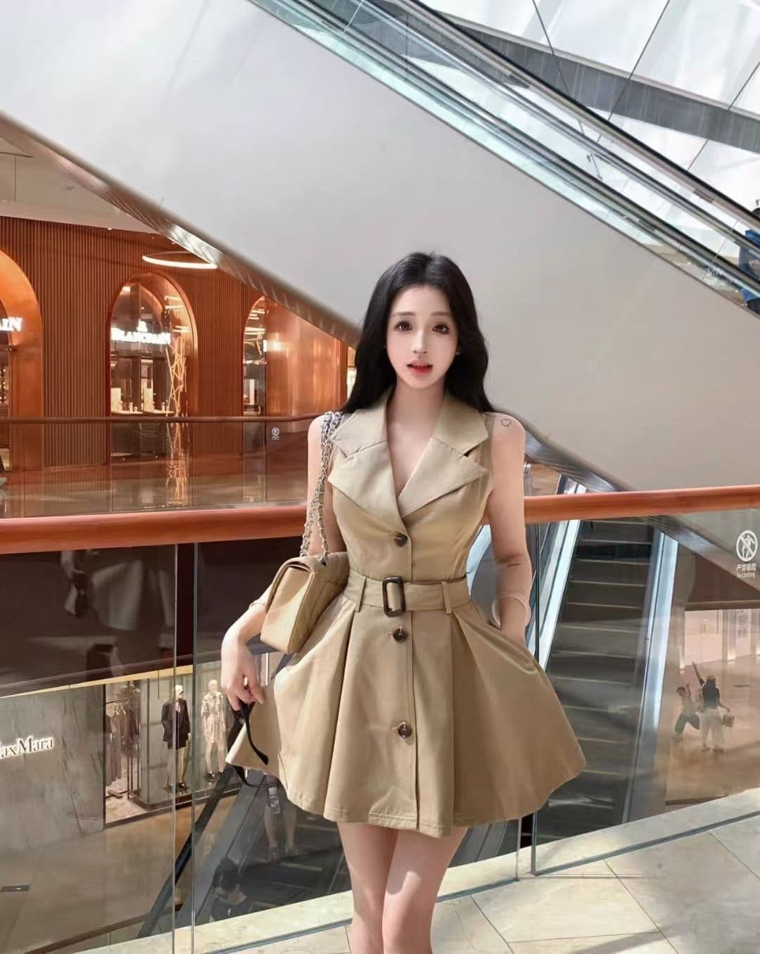 카키 색 폴로 칼라 민소매 셔츠 드레스 여성 의류 봄 디자인 센스 주름 A라인 스커트 몸매 가꾸기 바람막이 미니 스커트 상세 이미지 9