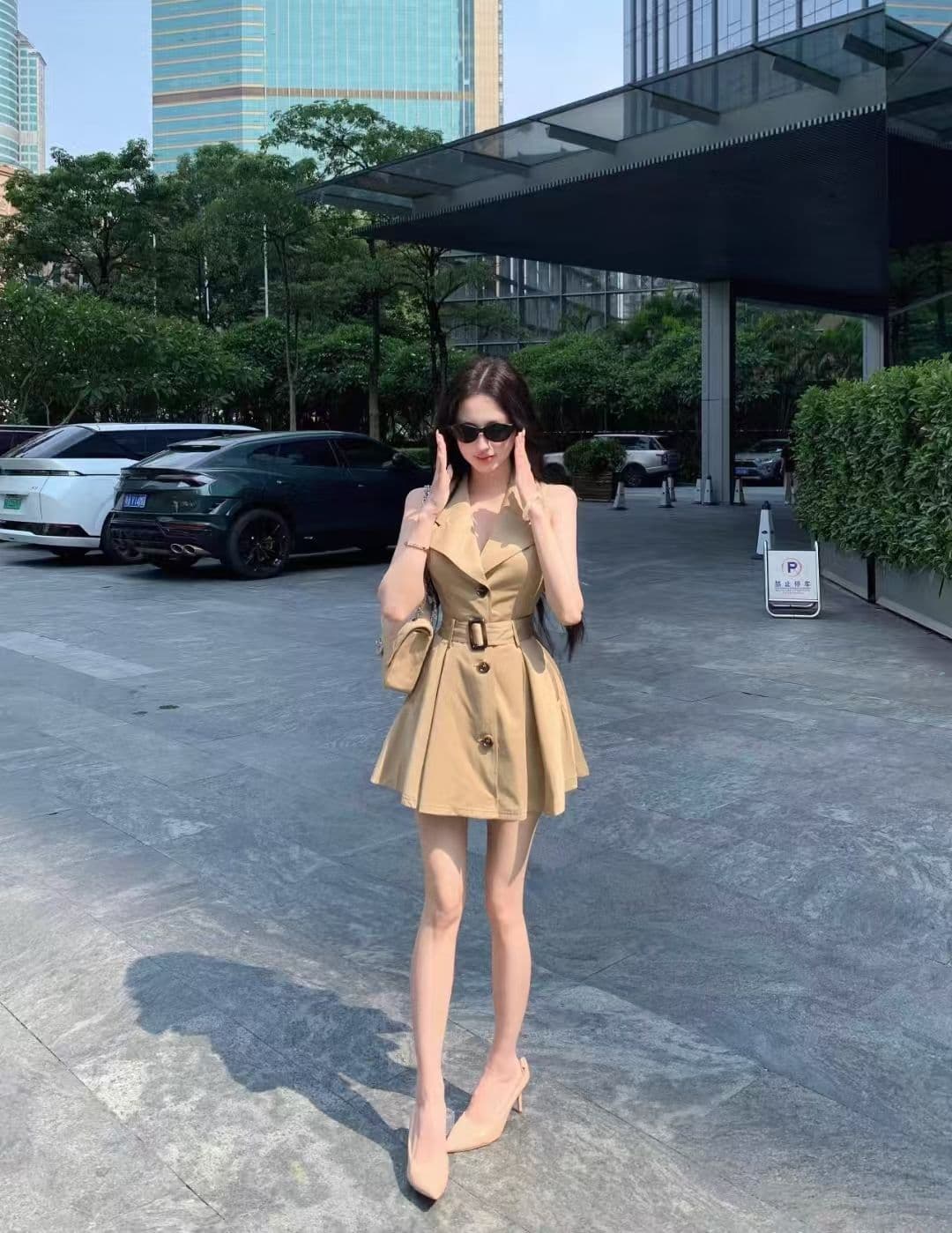카키 색 폴로 칼라 민소매 셔츠 드레스 여성 의류 봄 디자인 센스 주름 A라인 스커트 몸매 가꾸기 바람막이 미니 스커트 상세 이미지 10