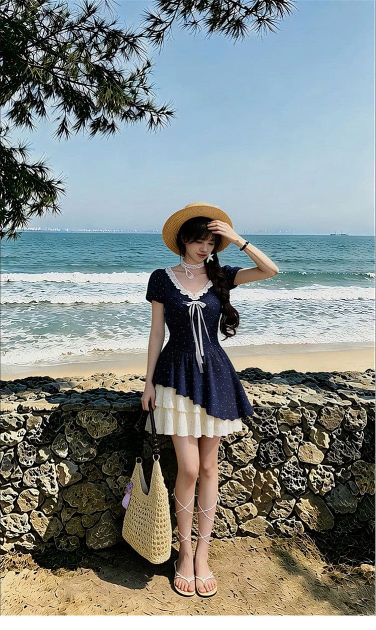 여름 아름다운 작은 여성 드레스 2026 새로운 해변가 휴가 레이스 조각 페이크 레이어드 케이크 꽃무늬 치마 상세 이미지 2