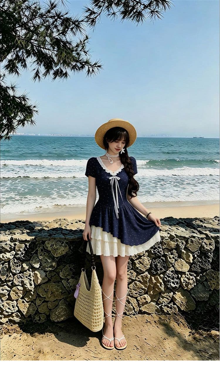 여름 아름다운 작은 여성 드레스 2026 새로운 해변가 휴가 레이스 조각 페이크 레이어드 케이크 꽃무늬 치마 상세 이미지 4