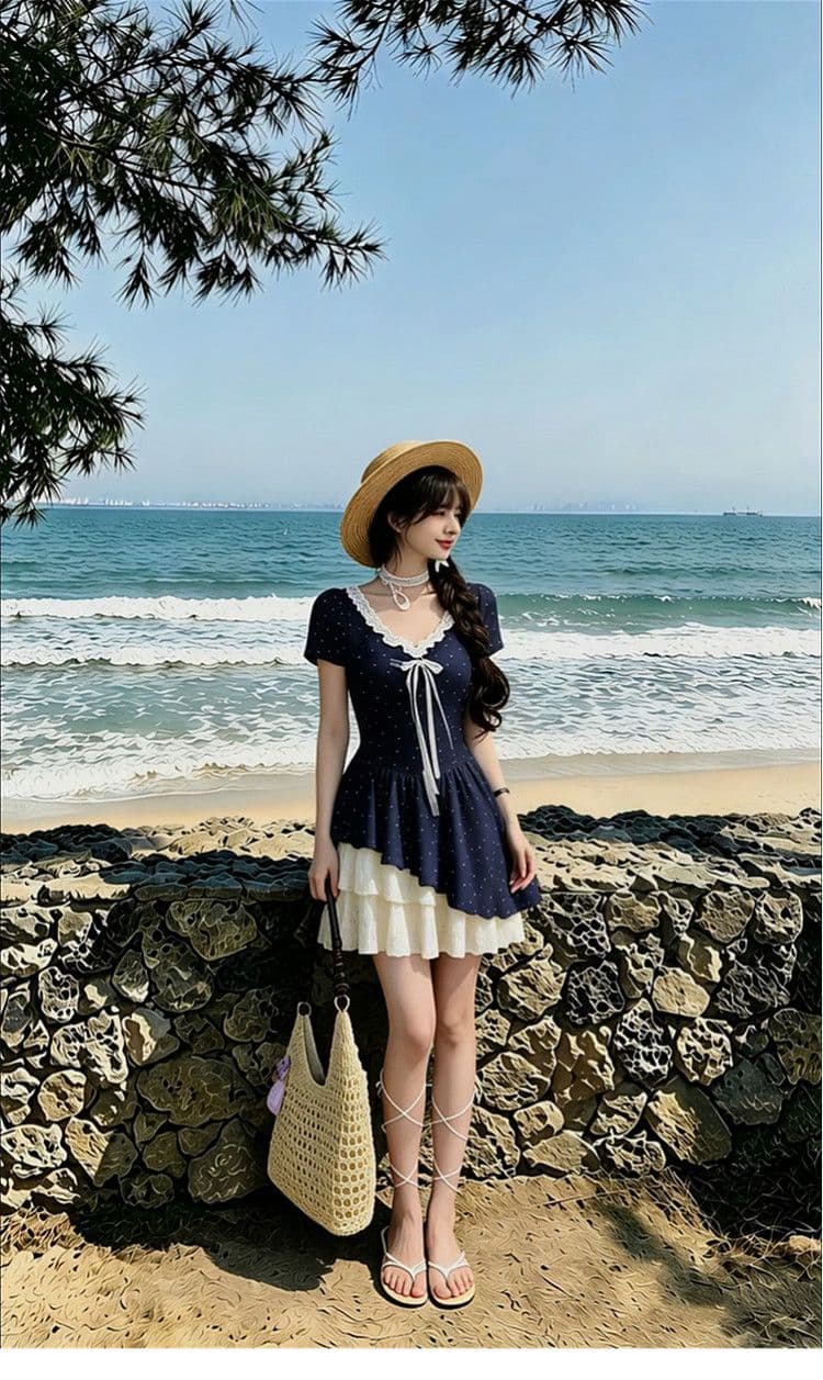 여름 아름다운 작은 여성 드레스 2026 새로운 해변가 휴가 레이스 조각 페이크 레이어드 케이크 꽃무늬 치마 상세 이미지 5
