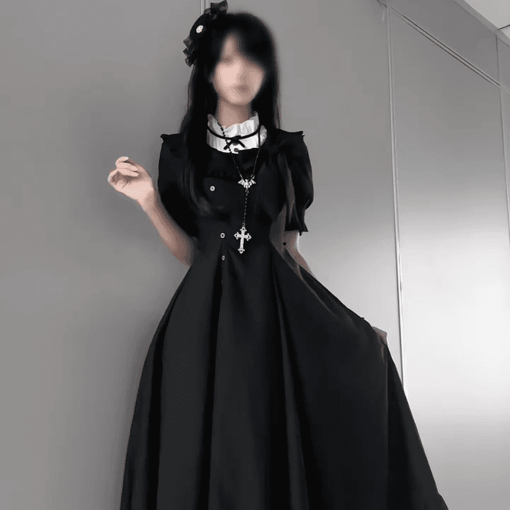 일본식 빛 lo 일상 새싹 서비스 cla 부서 lolita 롱 스커트 검정색 허리 수축 우아함 드레스 반팔 빅 플레어 스커트 상세 이미지 8