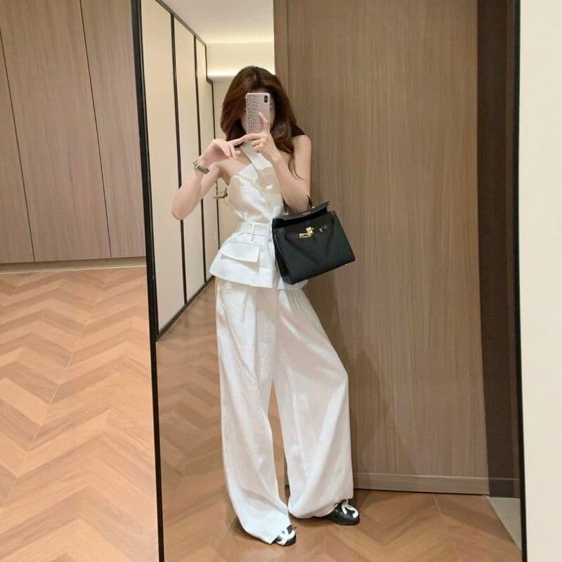 여름 순수한 욕망 섹시함 핫걸 십자가 행침 목 민소매 허리 수축 슬림해 보이는 디자인 센스 맨위 캐주얼 긴 바지 세트 여성 이미지 3