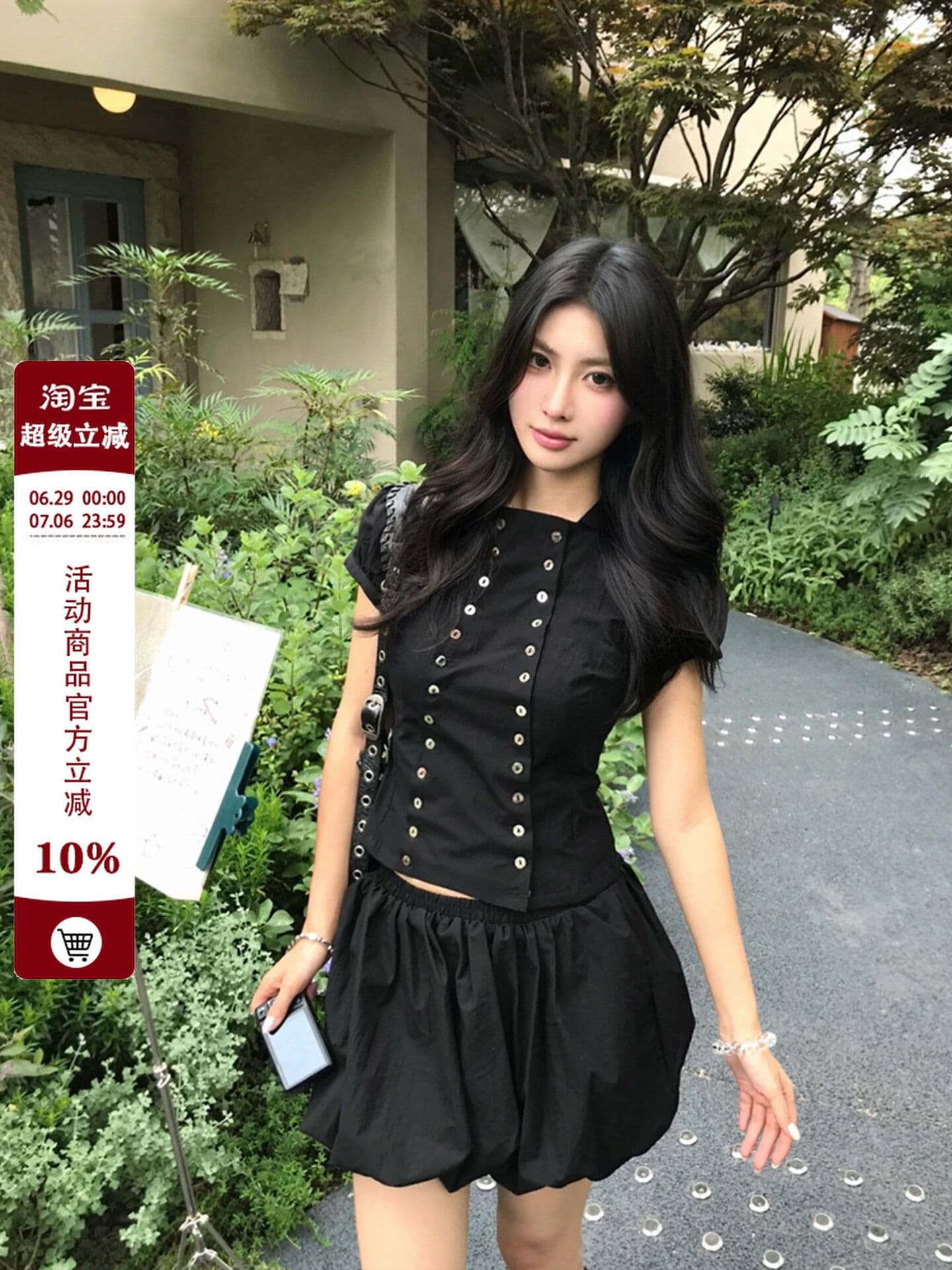 한 부서 검정색 거품 소매 이중 버튼 허리 수축 여성 셔츠 여름 새로운 패션 다용도 몸매 가꾸기 슬림해 보이는 맨위 트렌디 상세 이미지 2