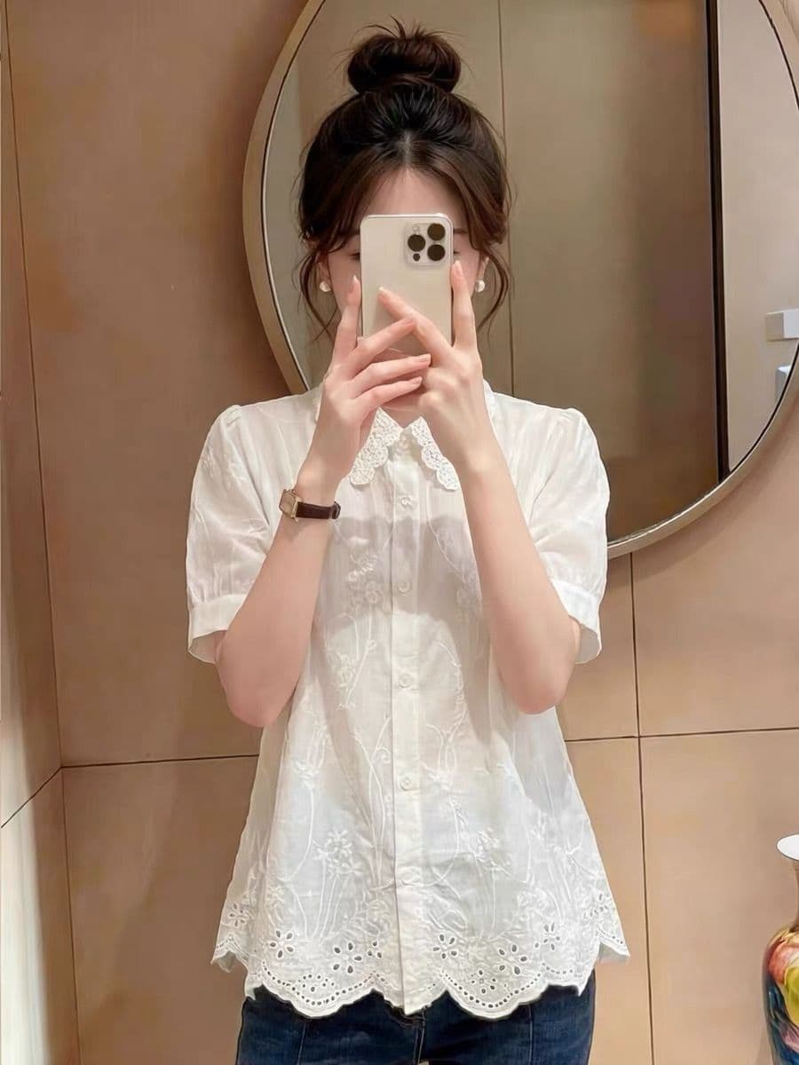 홀로우 아웃 자수 레이스 POLO 칼라 반팔 여성 셔츠 여름 한 부서 달콤함 고급 센스 빛 럭셔리 연령 감소 외국 가스 셔츠 이미지 4