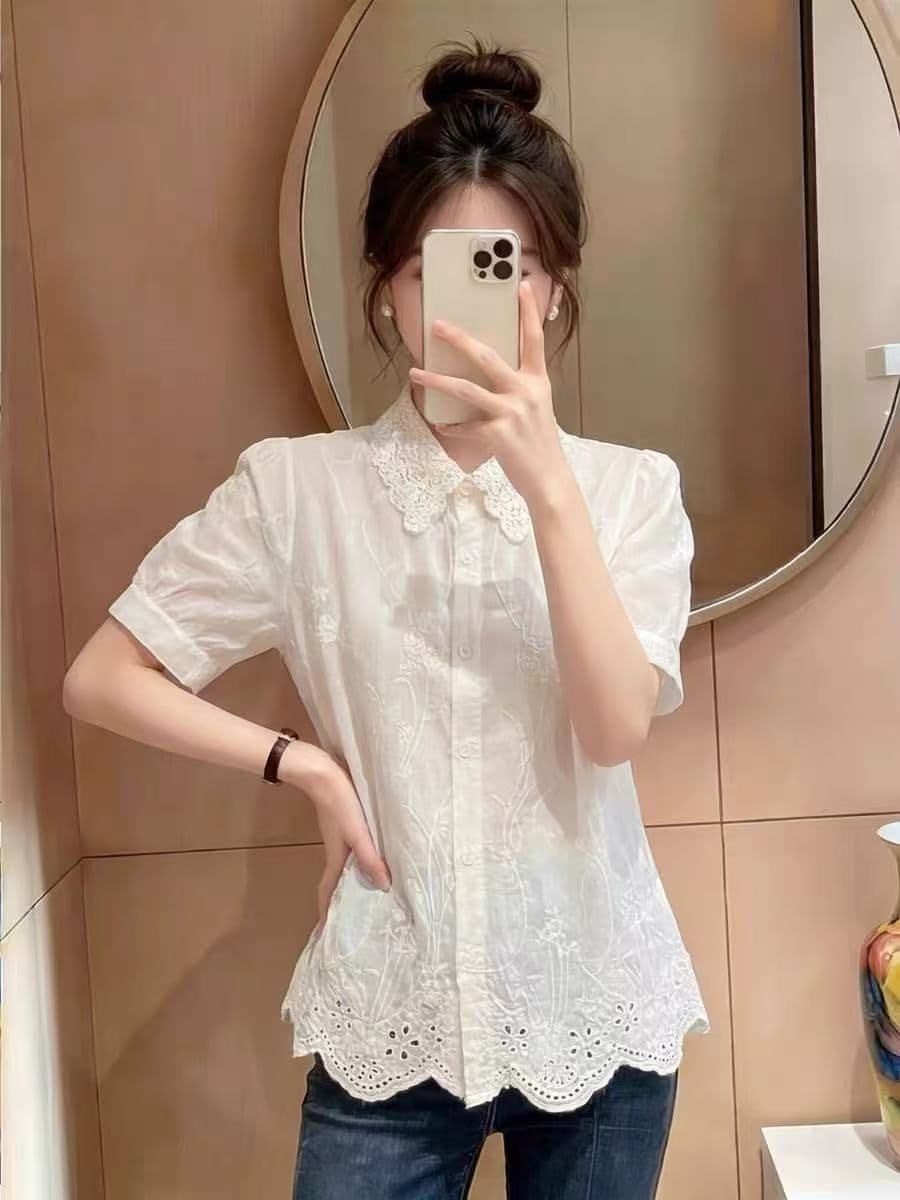 홀로우 아웃 자수 레이스 POLO 칼라 반팔 여성 셔츠 여름 한 부서 달콤함 고급 센스 빛 럭셔리 연령 감소 외국 가스 셔츠 이미지 2
