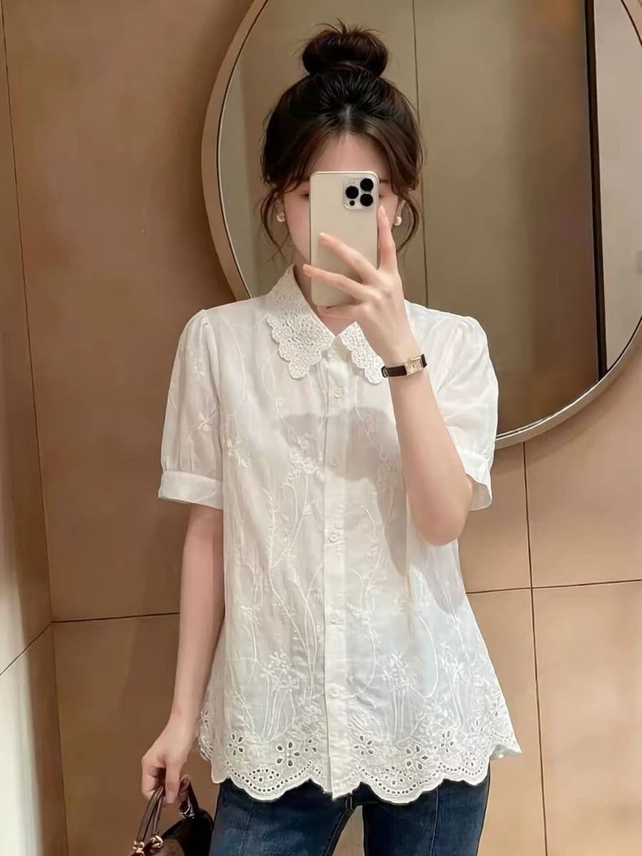 홀로우 아웃 자수 레이스 POLO 칼라 반팔 여성 셔츠 여름 한 부서 달콤함 고급 센스 빛 럭셔리 연령 감소 외국 가스 셔츠 상세 이미지 2