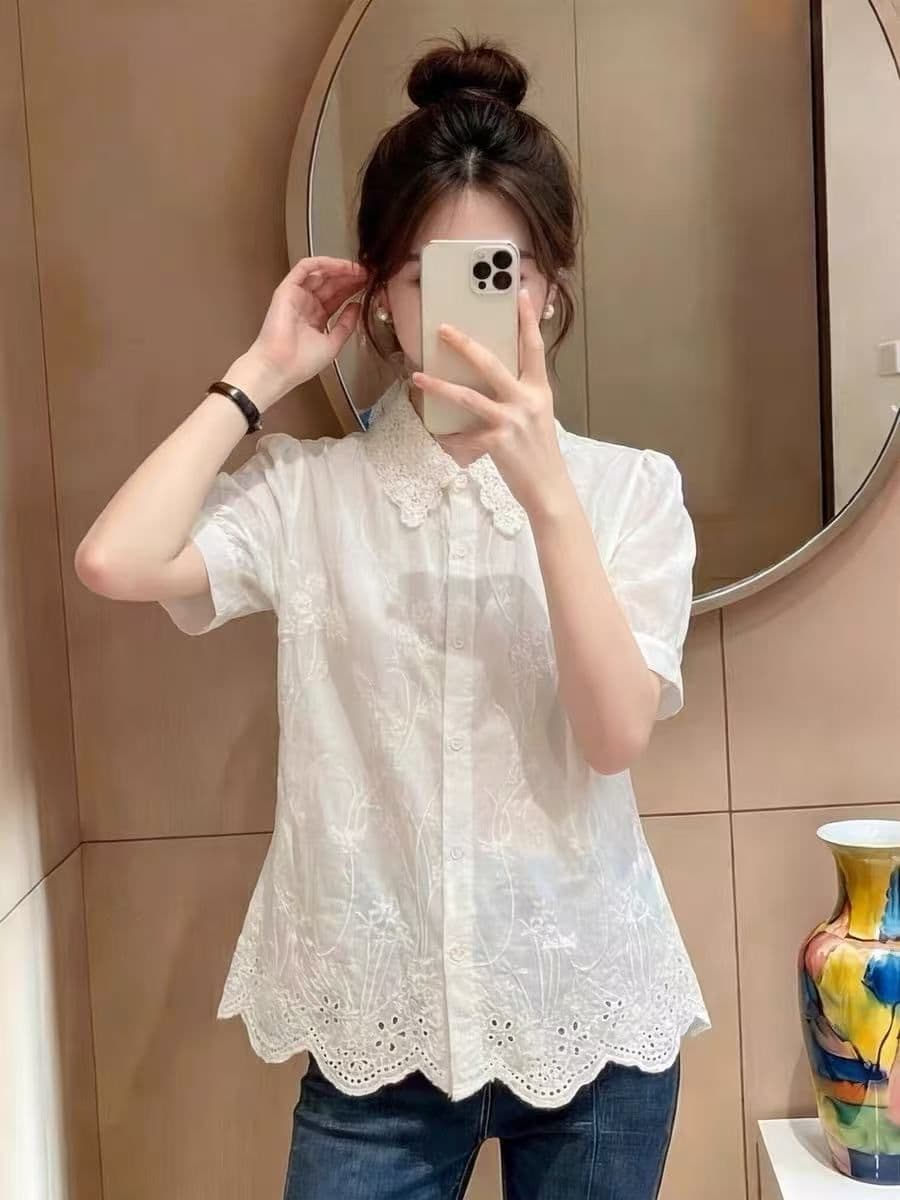 홀로우 아웃 자수 레이스 POLO 칼라 반팔 여성 셔츠 여름 한 부서 달콤함 고급 센스 빛 럭셔리 연령 감소 외국 가스 셔츠 상세 이미지 4