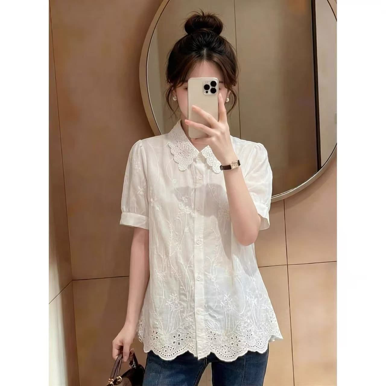 홀로우 아웃 자수 레이스 POLO 칼라 반팔 여성 셔츠 여름 한 부서 달콤함 고급 센스 빛 럭셔리 연령 감소 외국 가스 셔츠 상세 이미지 6