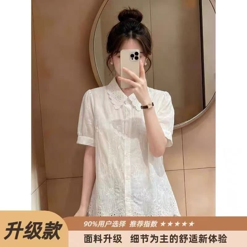 홀로우 아웃 자수 레이스 POLO 칼라 반팔 여성 셔츠 여름 한 부서 달콤함 고급 센스 빛 럭셔리 연령 감소 외국 가스 셔츠 상세 이미지 7