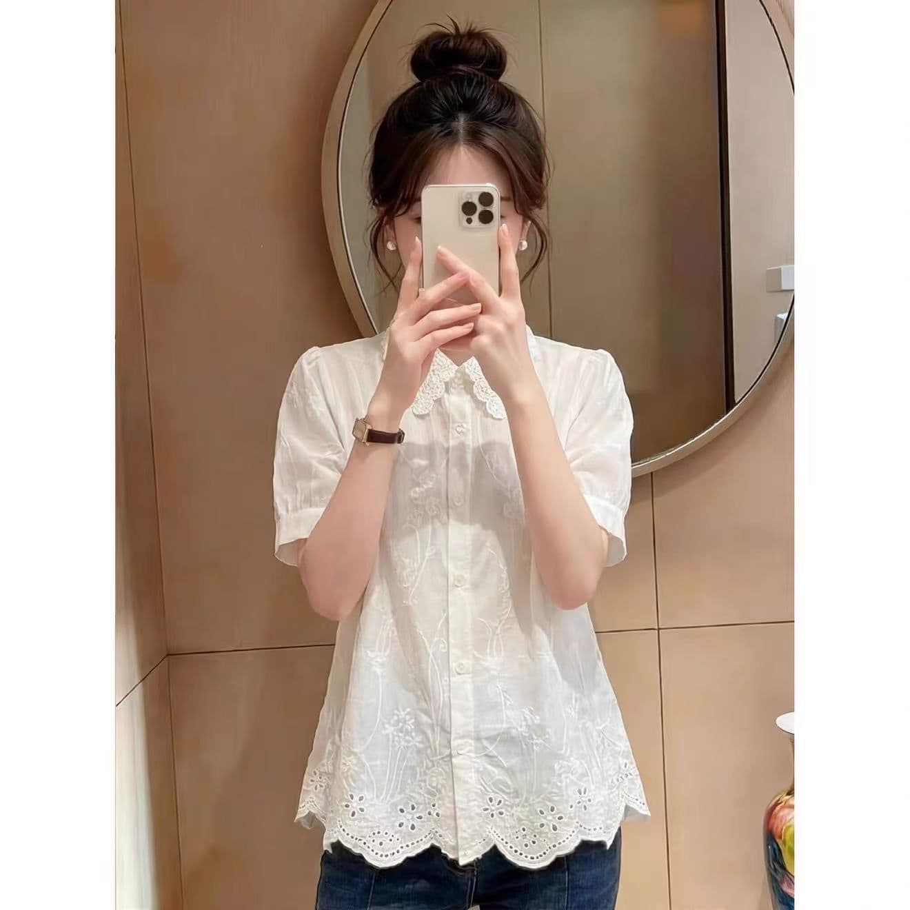 홀로우 아웃 자수 레이스 POLO 칼라 반팔 여성 셔츠 여름 한 부서 달콤함 고급 센스 빛 럭셔리 연령 감소 외국 가스 셔츠 상세 이미지 8