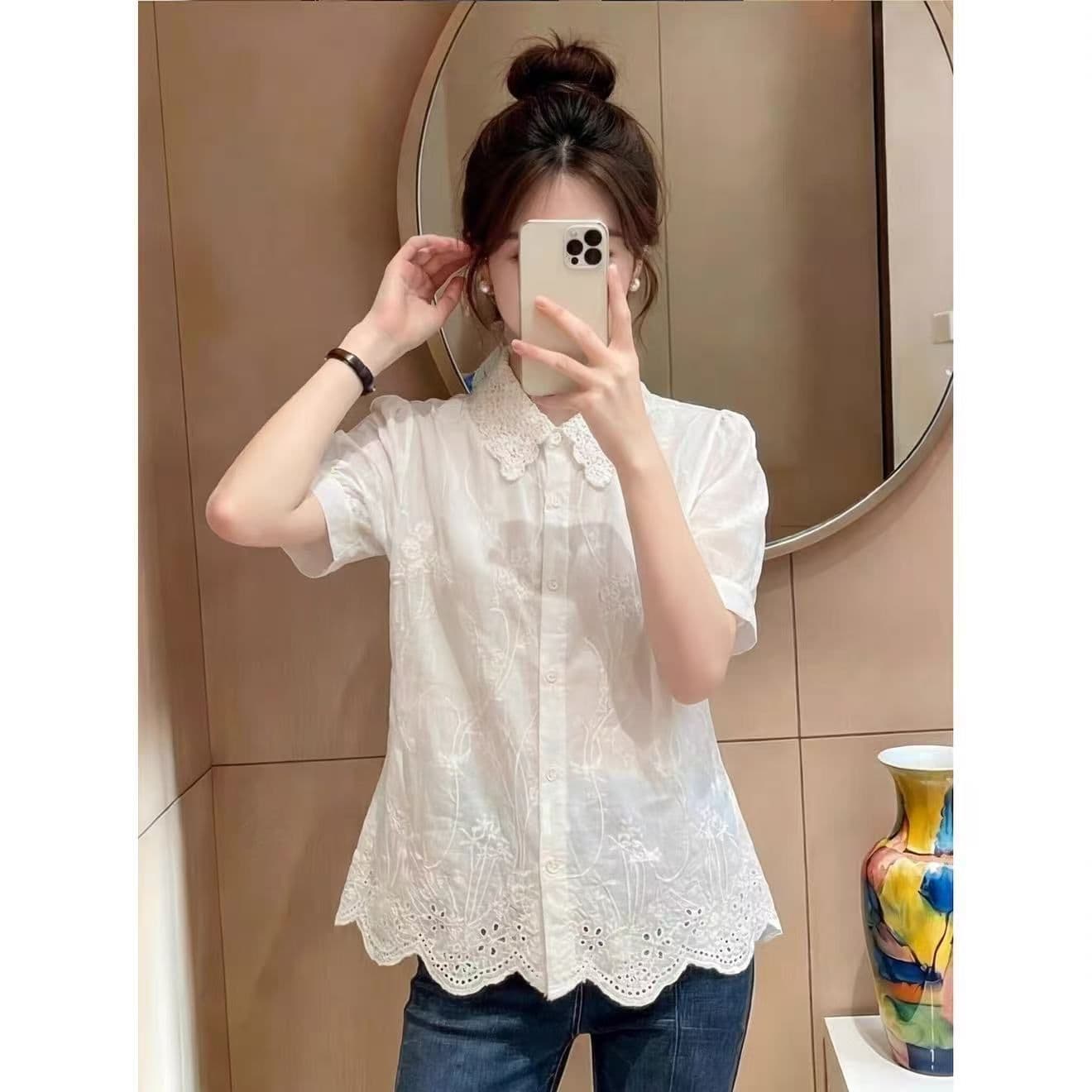 홀로우 아웃 자수 레이스 POLO 칼라 반팔 여성 셔츠 여름 한 부서 달콤함 고급 센스 빛 럭셔리 연령 감소 외국 가스 셔츠 상세 이미지 10