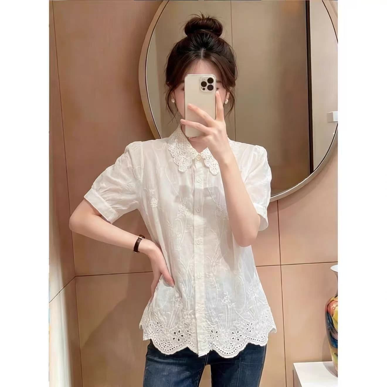 홀로우 아웃 자수 레이스 POLO 칼라 반팔 여성 셔츠 여름 한 부서 달콤함 고급 센스 빛 럭셔리 연령 감소 외국 가스 셔츠 상세 이미지 11