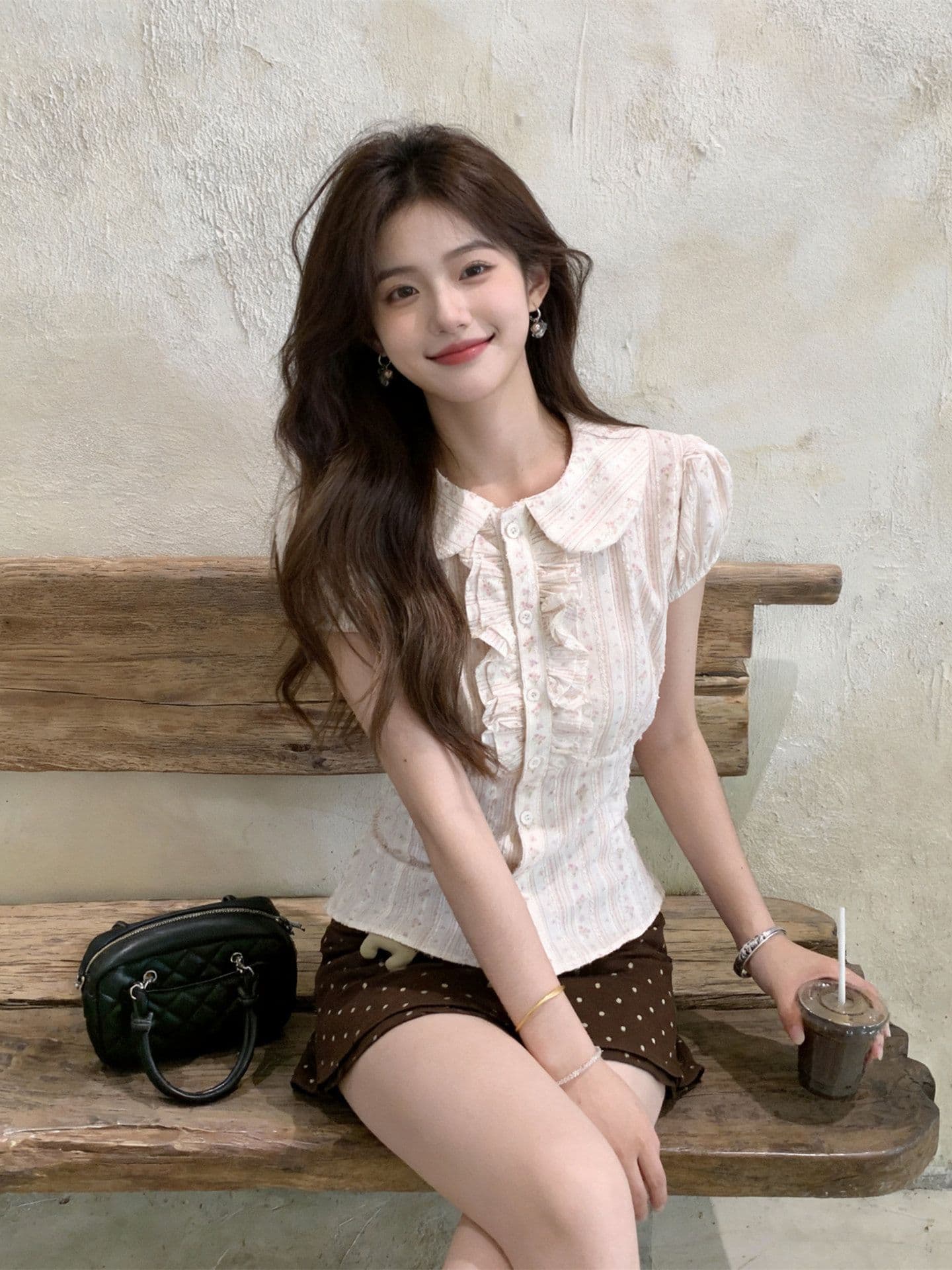 초여름 고유 한 아름다운 세트 여성 한 부서 달콤함 프릴 꽃무늬 반팔 여성 셔츠 도트 무늬 미니 스커트 투피스 세트 상세 이미지 2