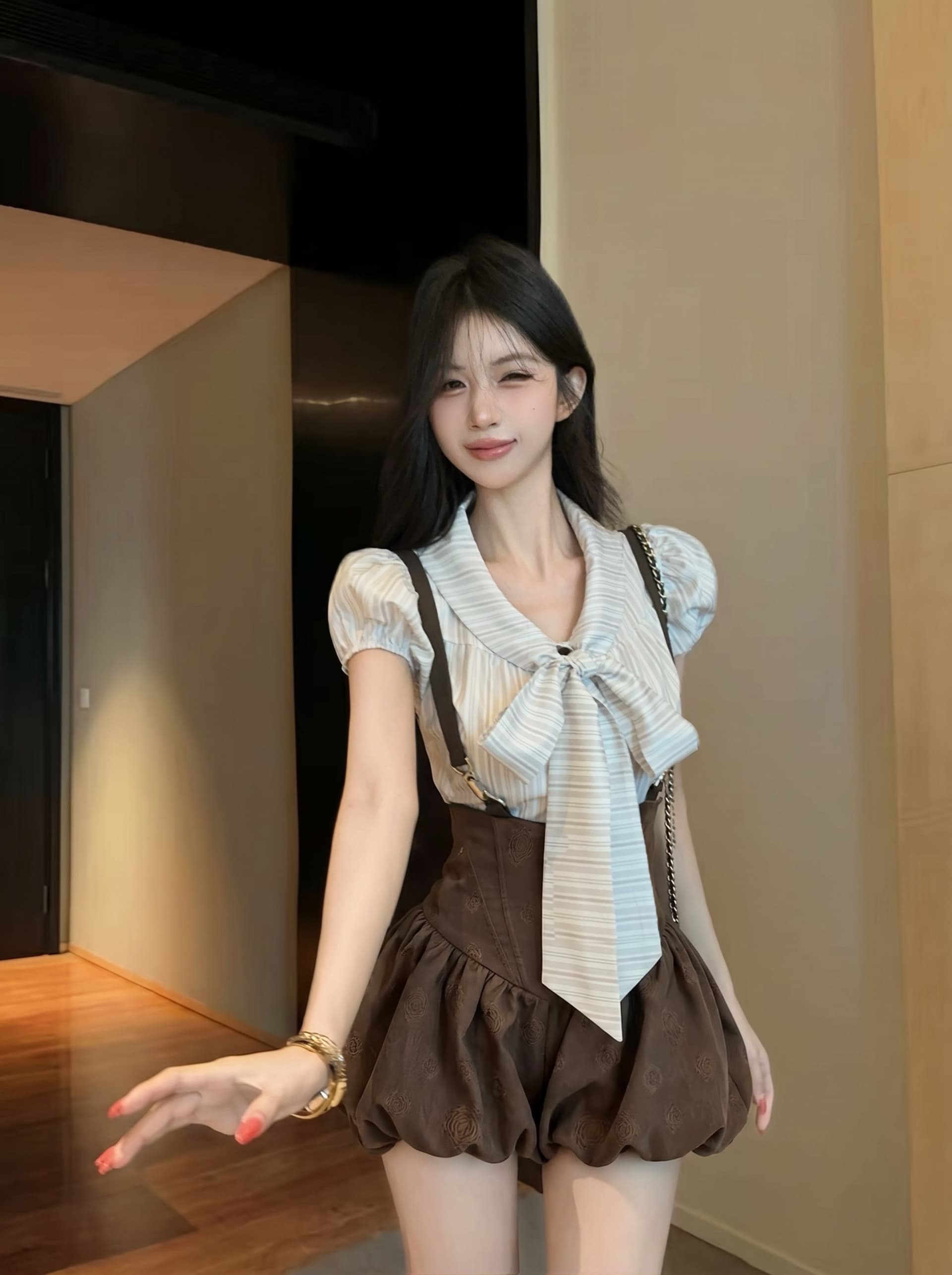 학원 스타일 jk 유니폼 멜빵 치마 세트 여성 여름 작은 키 아메리칸 캠퍼스 핫걸 셔츠 슬립 드레스 투피스 세트 상세 이미지 7