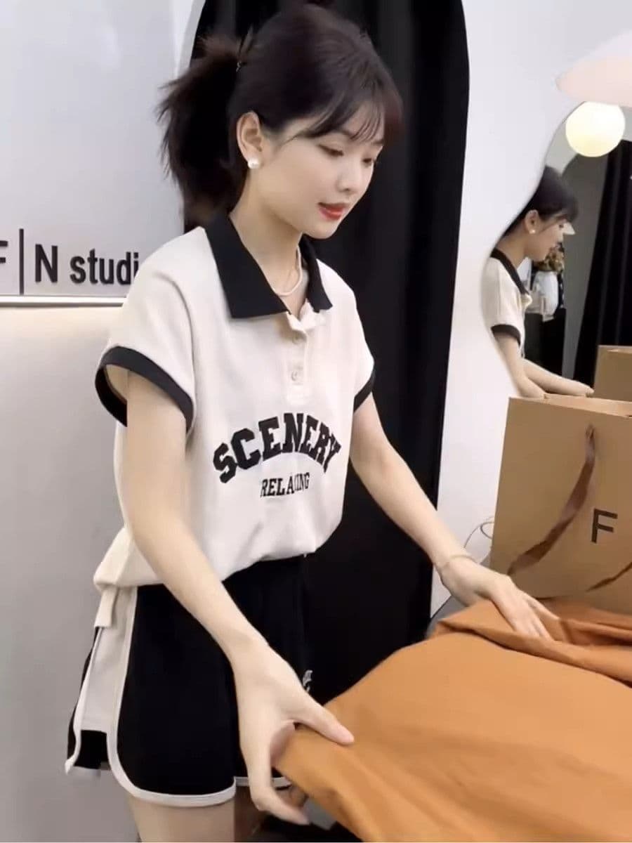 유럽 상품 패션 운동복 세트 여성 여름 학생 한국 스타일 루즈핏 POLO 셔츠 반팔 반바지 캐주얼 투피스 세트 상세 이미지 1