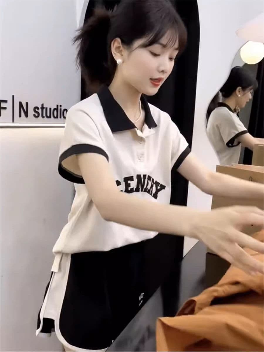 유럽 상품 패션 운동복 세트 여성 여름 학생 한국 스타일 루즈핏 POLO 셔츠 반팔 반바지 캐주얼 투피스 세트 상세 이미지 4