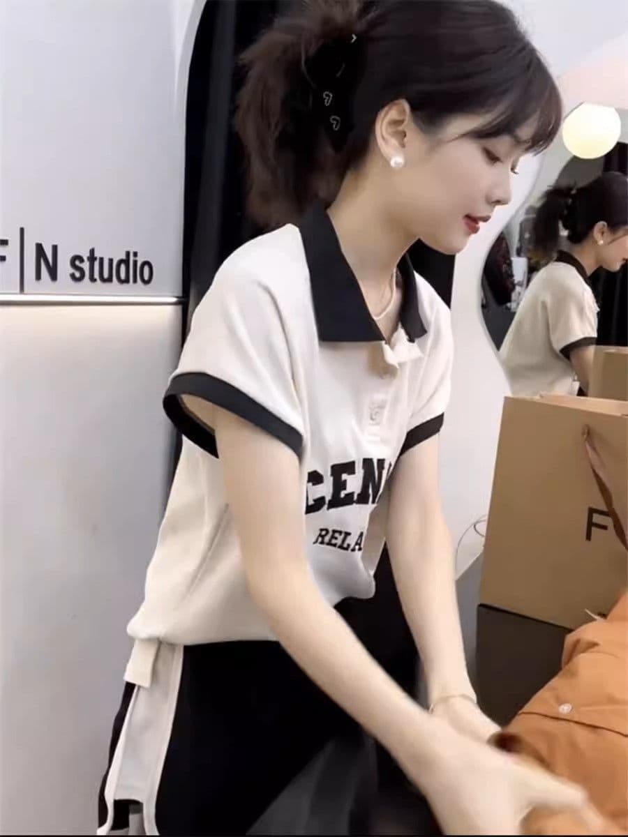 유럽 상품 패션 운동복 세트 여성 여름 학생 한국 스타일 루즈핏 POLO 셔츠 반팔 반바지 캐주얼 투피스 세트 상세 이미지 5