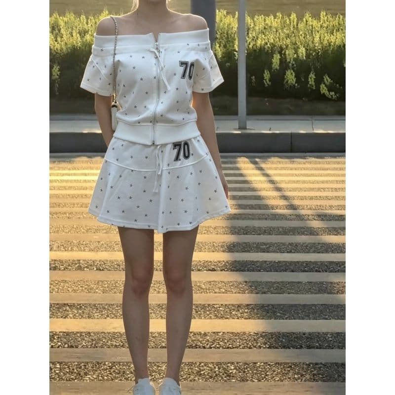 아메리칸 핫걸 바람 캐주얼 스포츠 슈트 여성 여름 오프숄더 오픈 가디건 반팔 미니 스커트 루즈핏 슬림해 보이는 투피스 세트 이미지 4