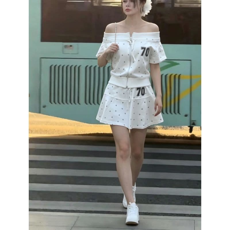 아메리칸 핫걸 바람 캐주얼 스포츠 슈트 여성 여름 오프숄더 오픈 가디건 반팔 미니 스커트 루즈핏 슬림해 보이는 투피스 세트