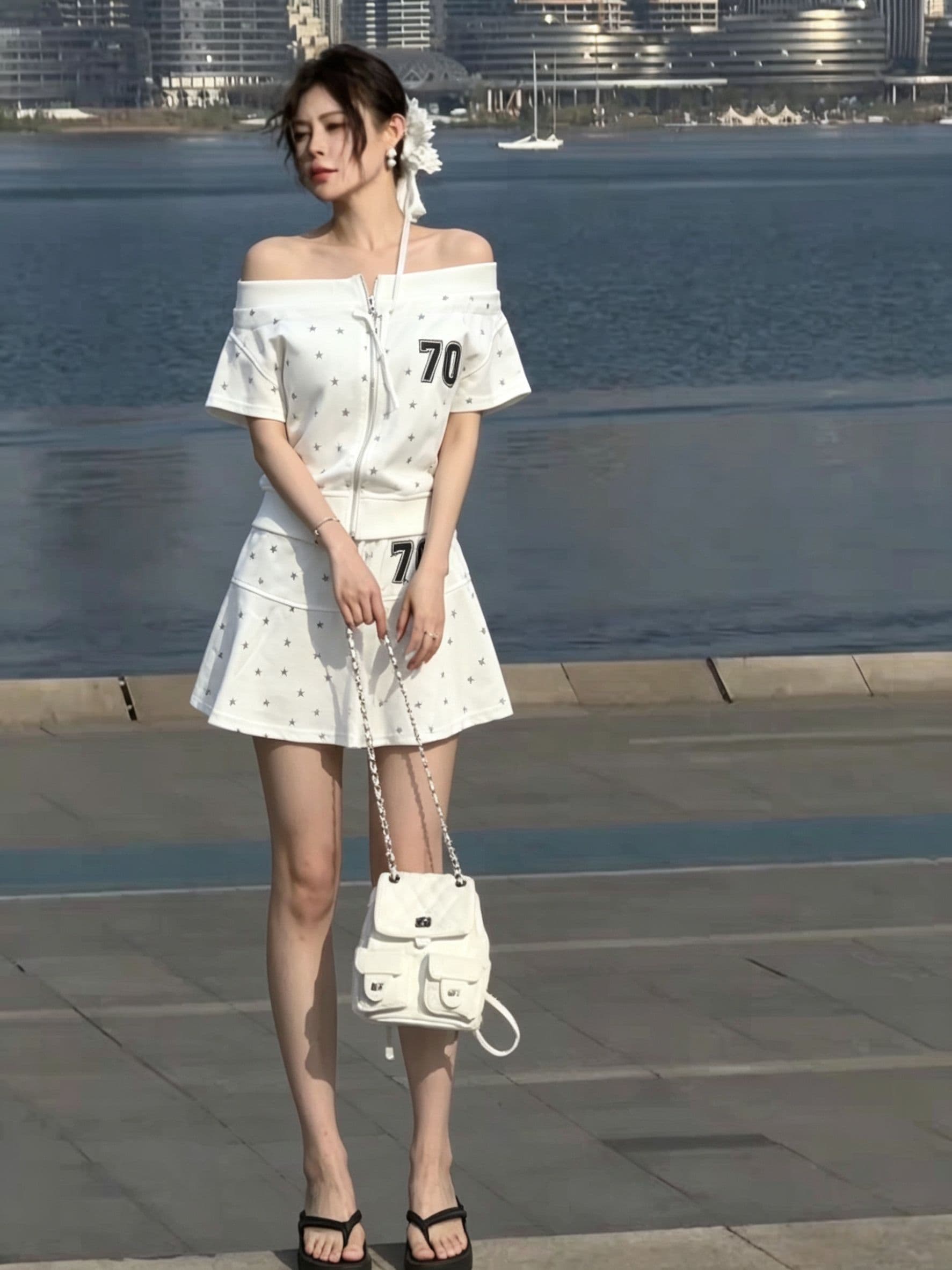아메리칸 핫걸 바람 캐주얼 스포츠 슈트 여성 여름 오프숄더 오픈 가디건 반팔 미니 스커트 루즈핏 슬림해 보이는 투피스 세트 상세 이미지 1