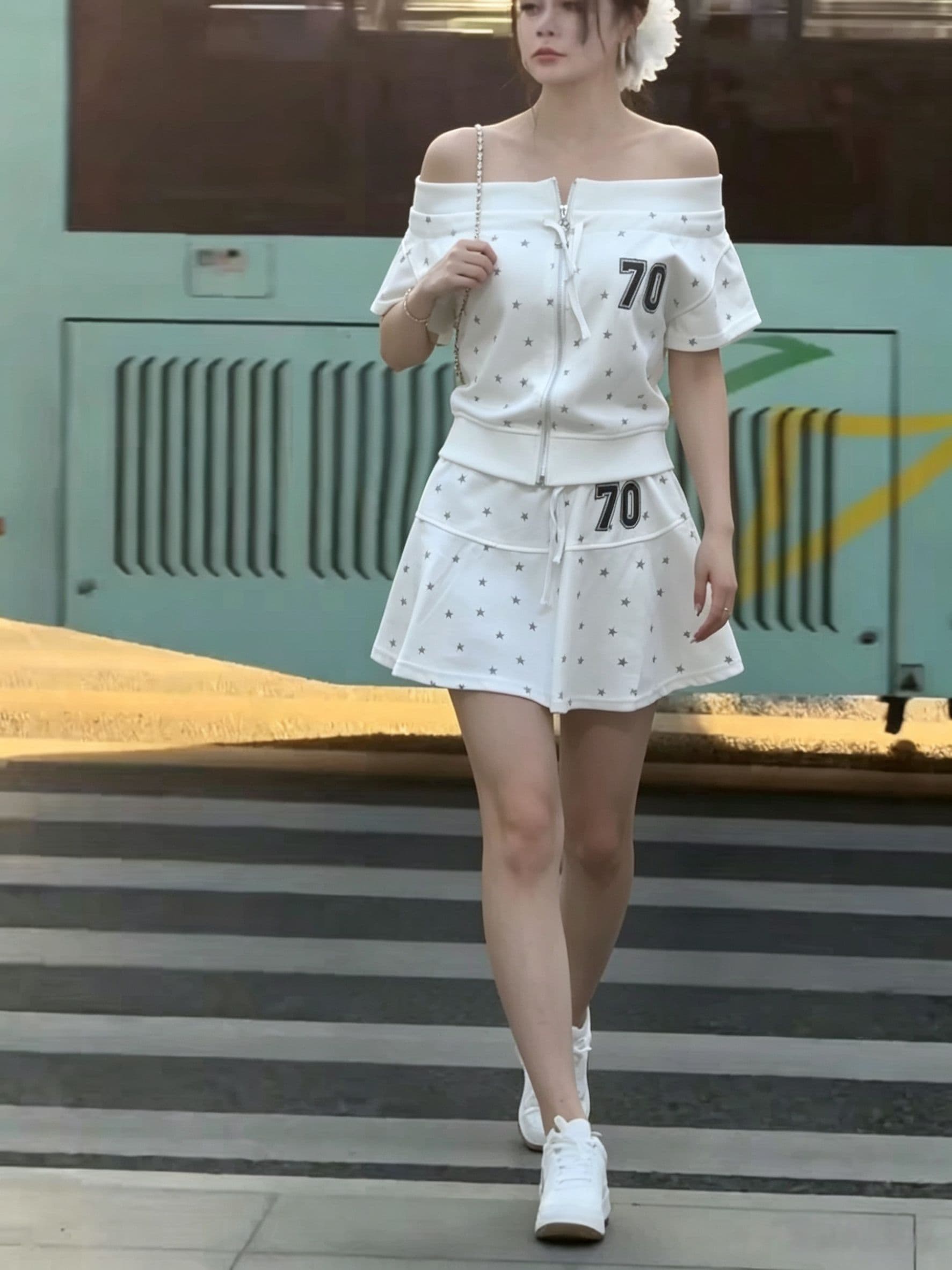 아메리칸 핫걸 바람 캐주얼 스포츠 슈트 여성 여름 오프숄더 오픈 가디건 반팔 미니 스커트 루즈핏 슬림해 보이는 투피스 세트 상세 이미지 2