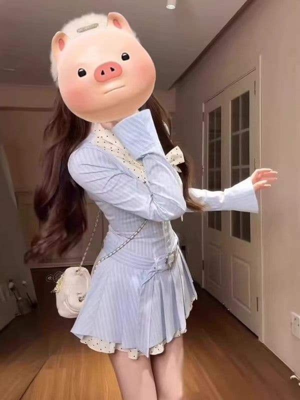 달콤함 학원 스타일 한 셔츠 여성 드레스 디자인 센스 긴팔 나비 매듭 배색 슬림해 보이는 드레스 이미지 3