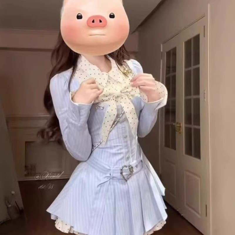 달콤함 학원 스타일 한 셔츠 여성 드레스 디자인 센스 긴팔 나비 매듭 배색 슬림해 보이는 드레스 이미지 5