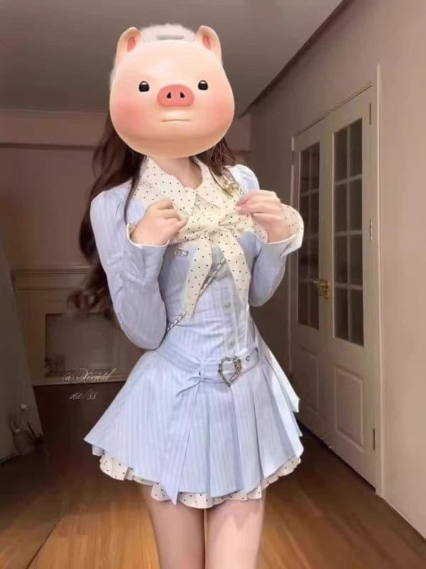 달콤함 학원 스타일 한 셔츠 여성 드레스 디자인 센스 긴팔 나비 매듭 배색 슬림해 보이는 드레스 상세 이미지 3