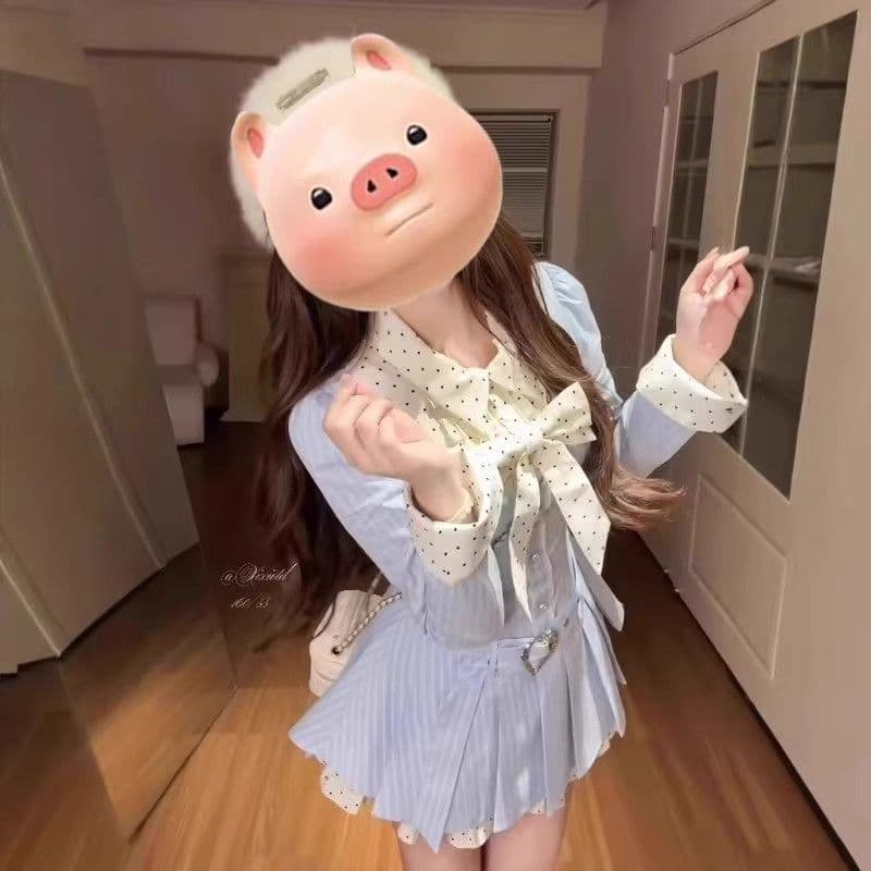 달콤함 학원 스타일 한 셔츠 여성 드레스 디자인 센스 긴팔 나비 매듭 배색 슬림해 보이는 드레스 상세 이미지 9