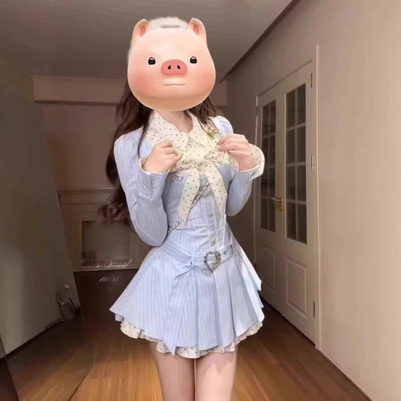 달콤함 학원 스타일 한 셔츠 여성 드레스 디자인 센스 긴팔 나비 매듭 배색 슬림해 보이는 드레스 상세 이미지 14