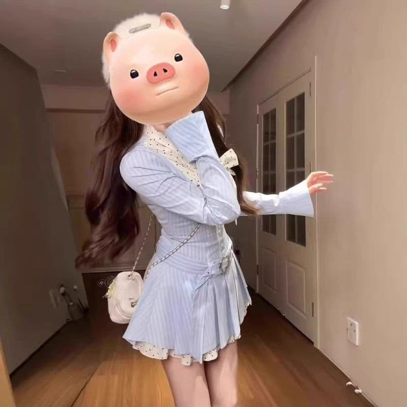달콤함 학원 스타일 한 셔츠 여성 드레스 디자인 센스 긴팔 나비 매듭 배색 슬림해 보이는 드레스 상세 이미지 15