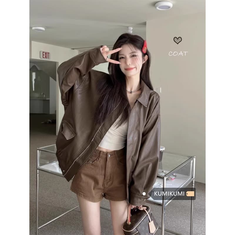 원본 것 아메리칸 레트로 가죽 재킷 재킷 여성 코트 가을 달콤한 차가운 바람 오토바이 PU 가죽 루즈핏 긴팔 맨위 이미지 2