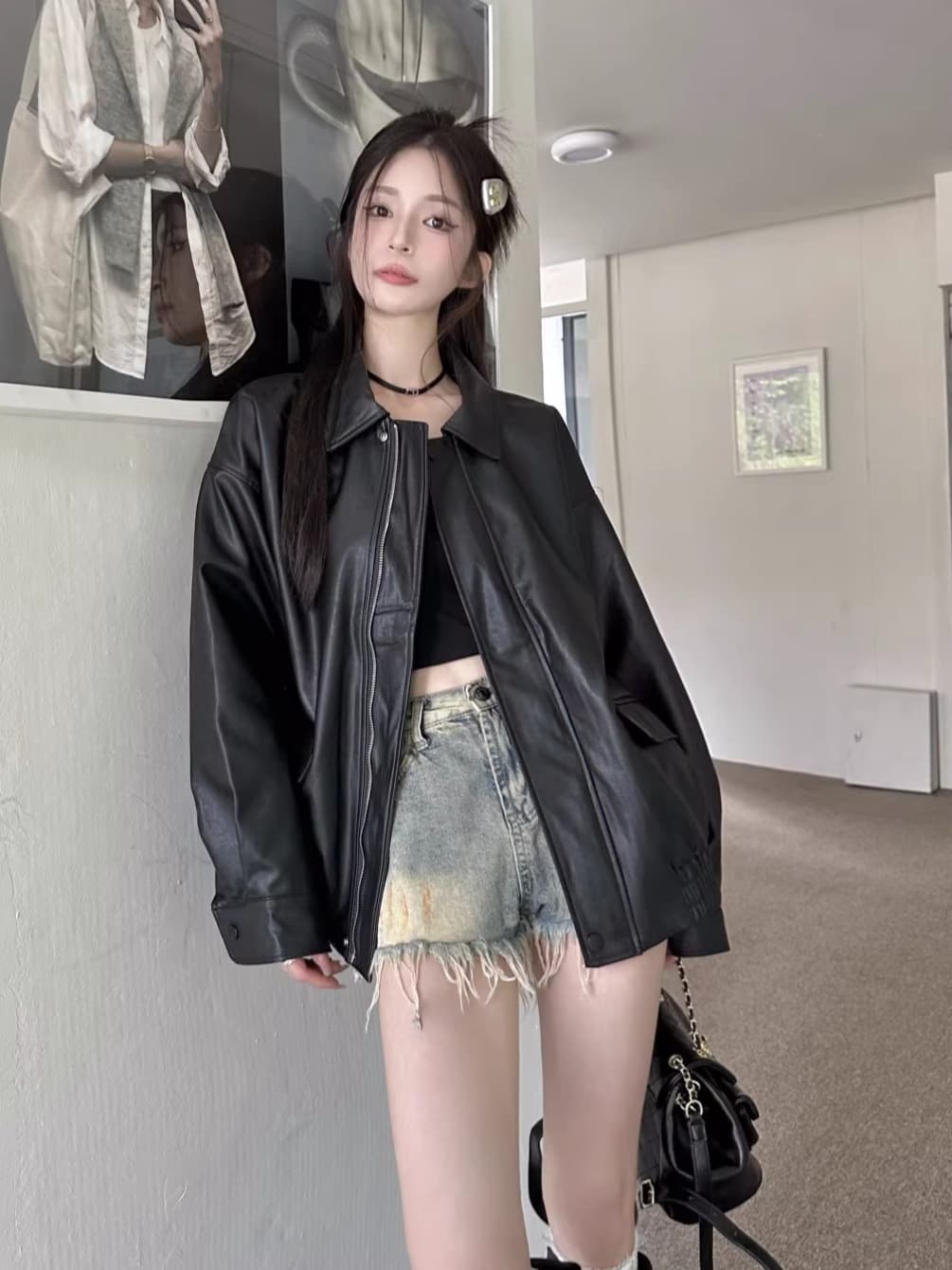 원본 것 아메리칸 레트로 가죽 재킷 재킷 여성 코트 가을 달콤한 차가운 바람 오토바이 PU 가죽 루즈핏 긴팔 맨위 이미지 3