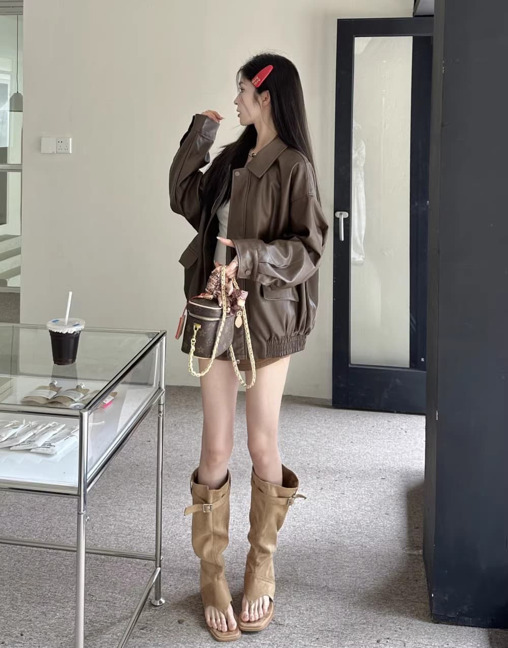 원본 것 아메리칸 레트로 가죽 재킷 재킷 여성 코트 가을 달콤한 차가운 바람 오토바이 PU 가죽 루즈핏 긴팔 맨위 상세 이미지 20